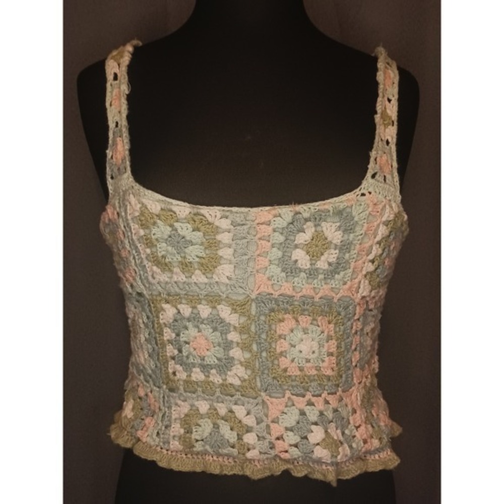 American Eagle Crochet Granny Square Tank Top Sleeveless Knit Crop Pastel Colors